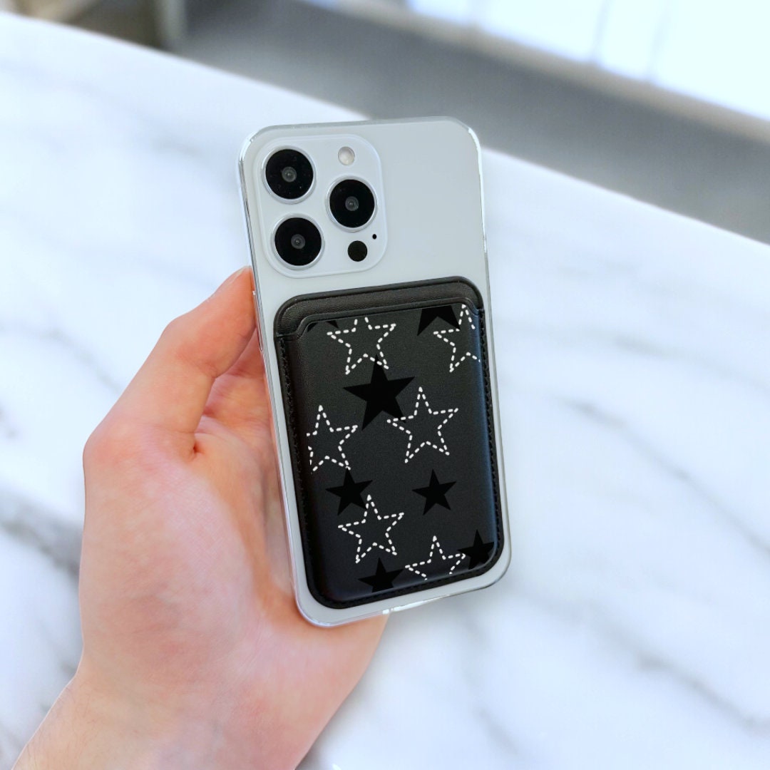 Star Pattern Black MagSafe Wallet Vegan Leather Wallet for iPhone 15 14 13 12 Magnetic iPhone Card Holder with Personalised Name