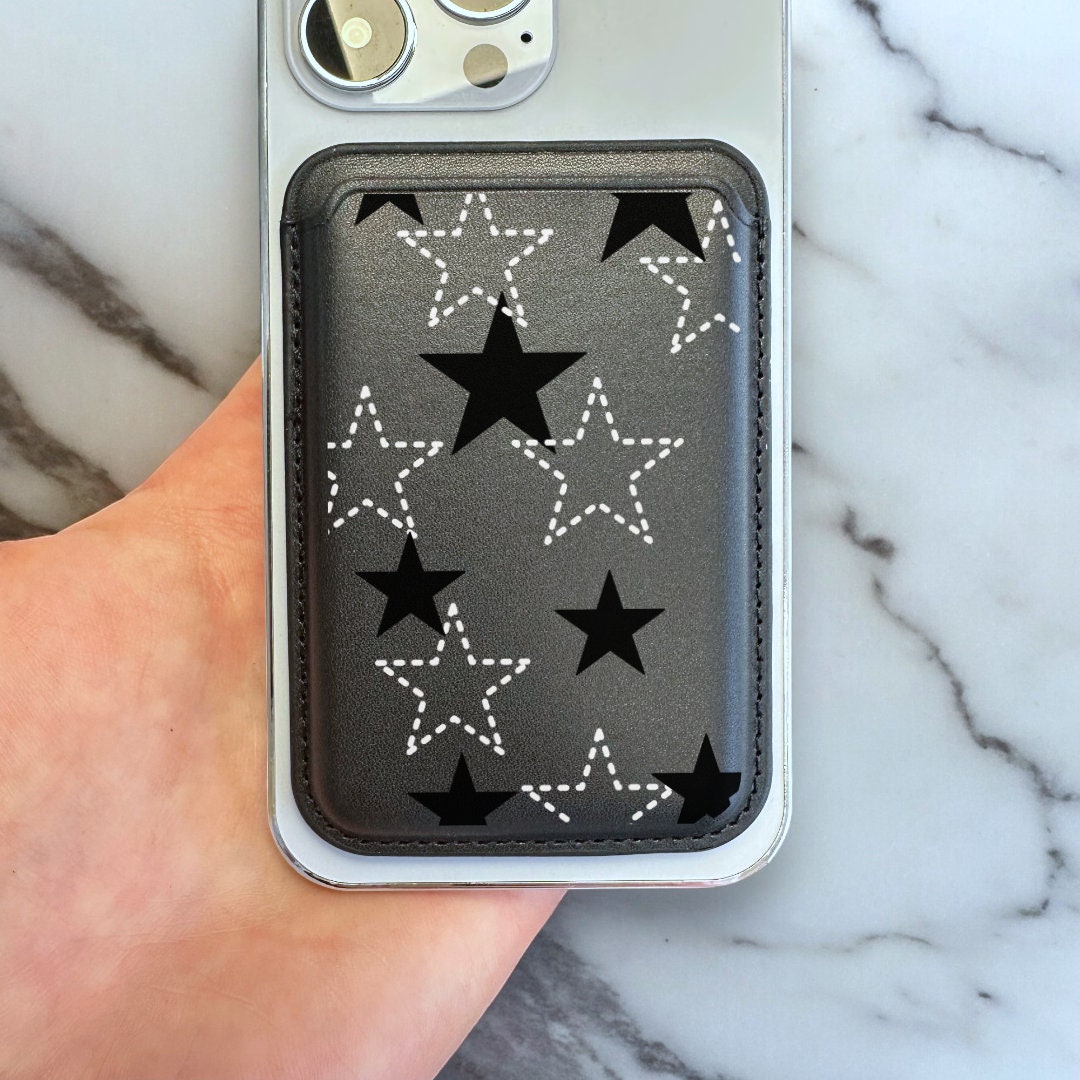 Star Pattern Black MagSafe Wallet Vegan Leather Wallet for iPhone 15 14 13 12 Magnetic iPhone Card Holder with Personalised Name