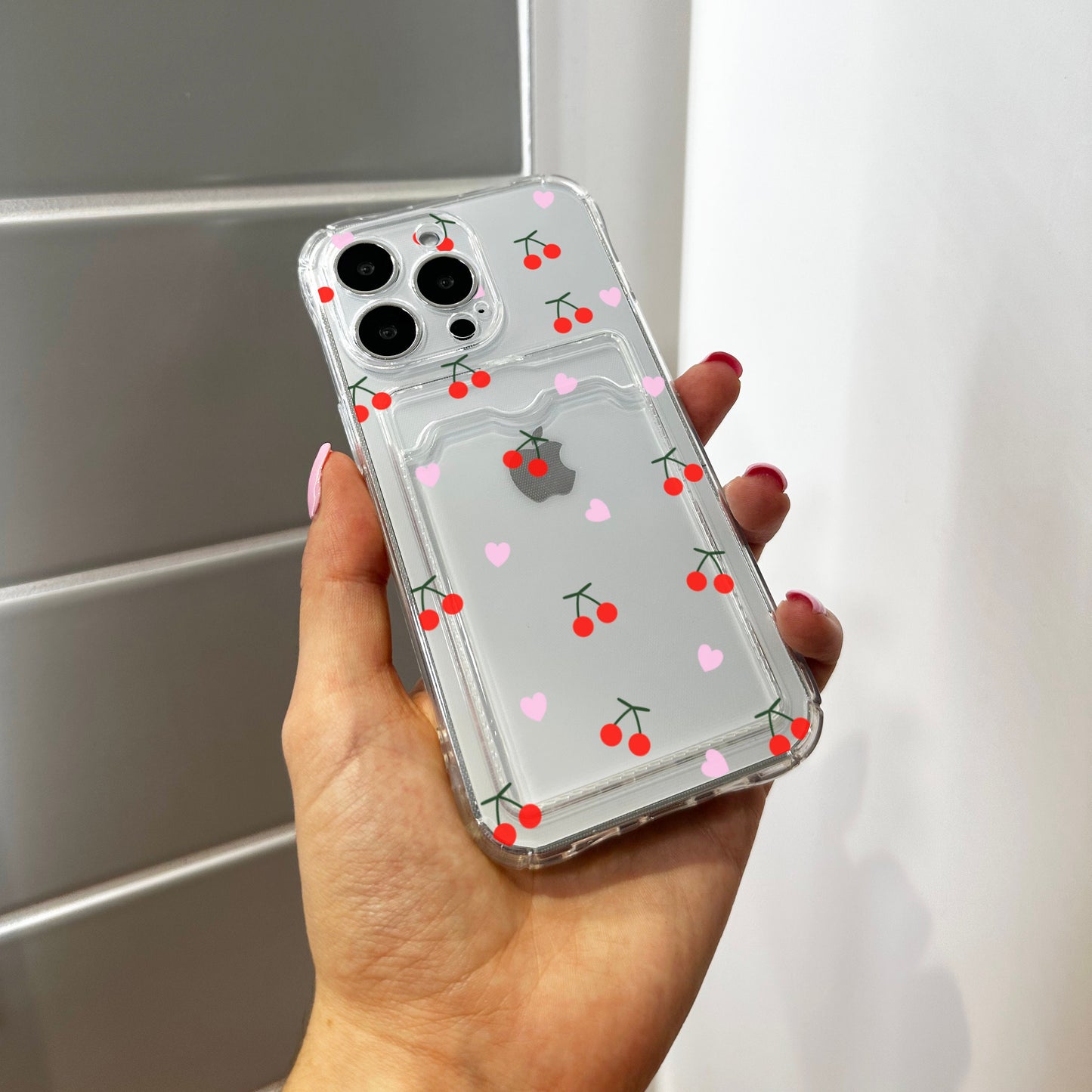 Fruit Pattern Cherry Card Holder Phone Case for iPhone 17 16 15 14 13 12 11 11 Pro Max Mini 7 X Wallet Shockproof Phone Cover Custom Name