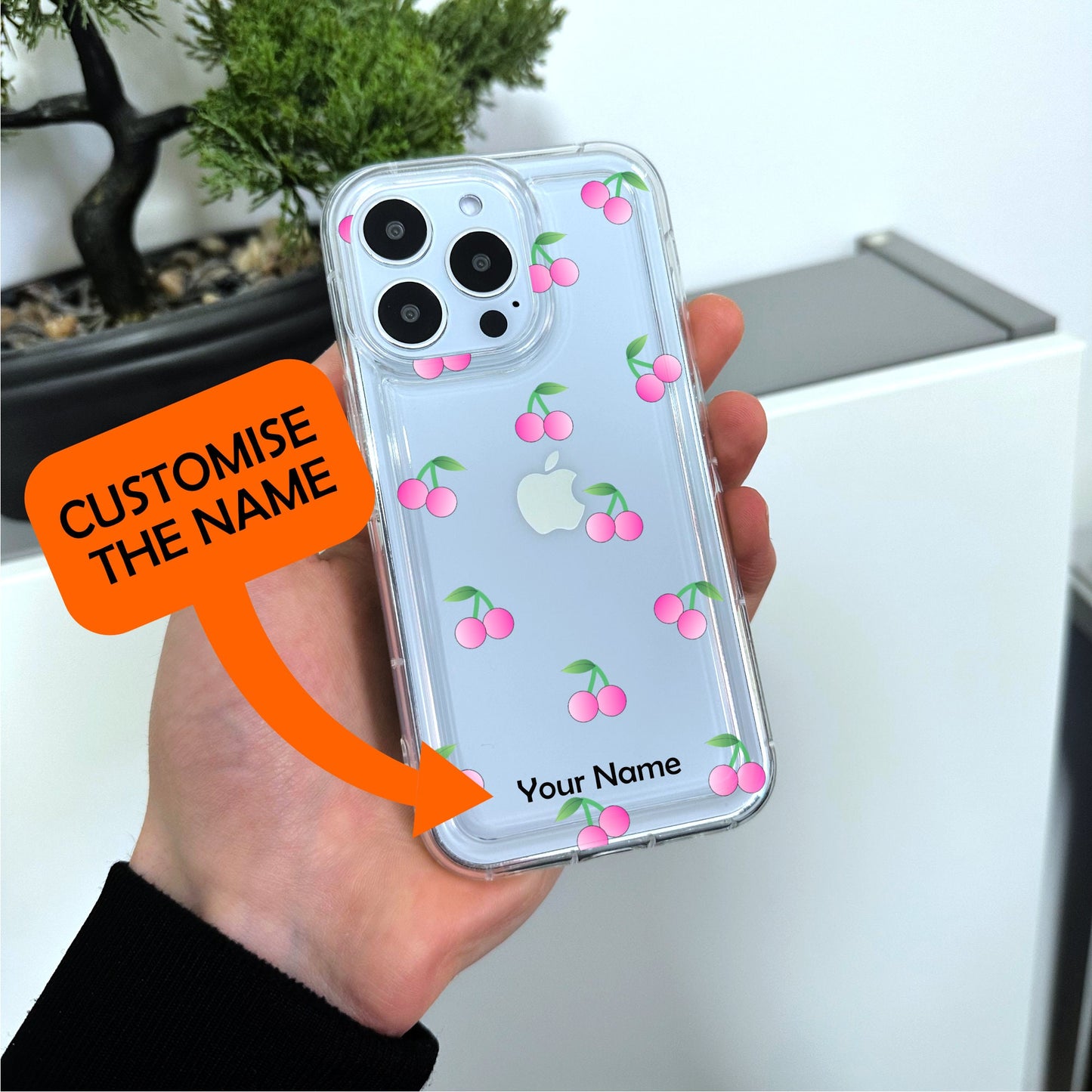 Cherry Pattern Clear Phone Case for iPhone 15 14 13 12 11 11 Pro Max Mini 7 8 XR XS X Shockproof Silicone Phone Cover with Custom Name
