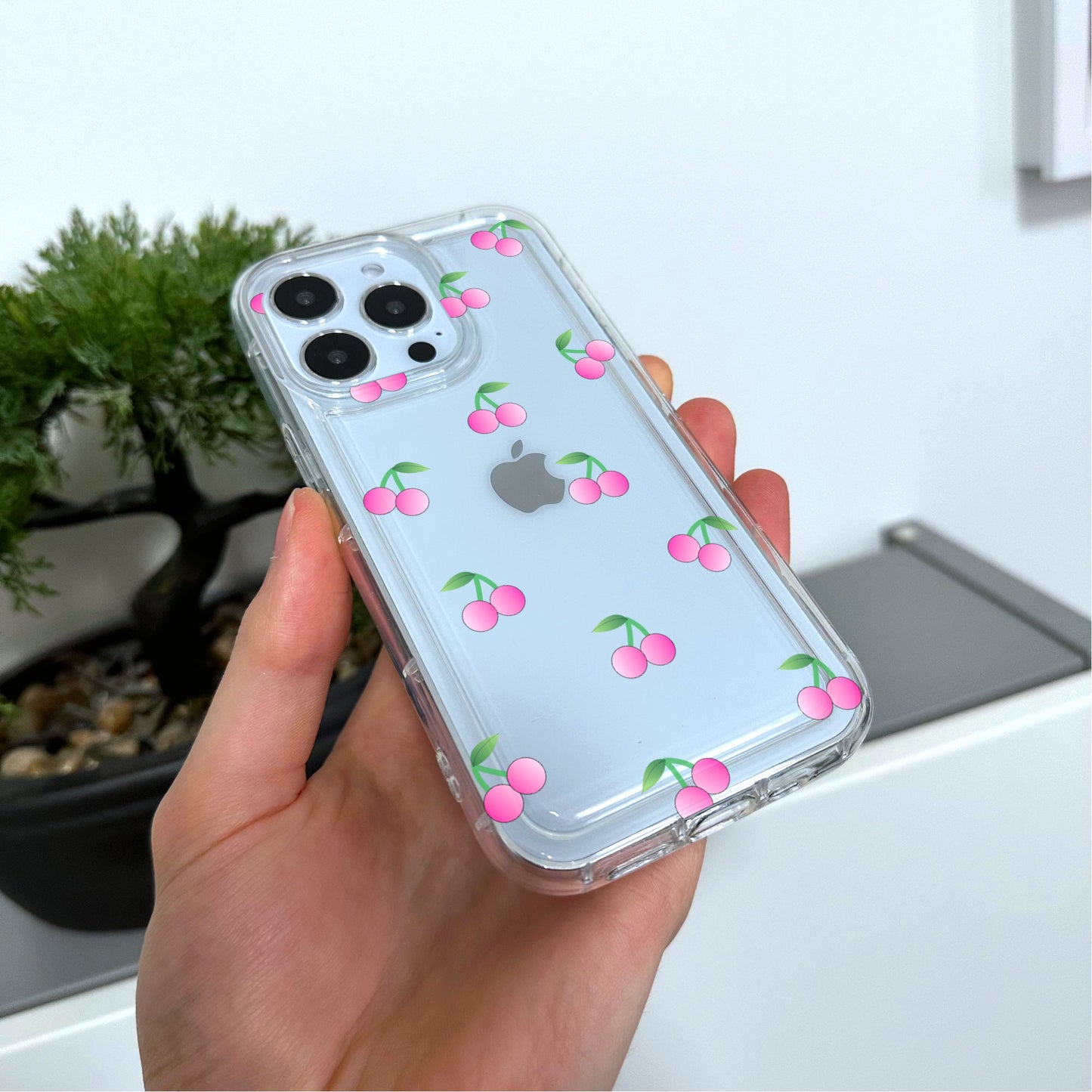 Cherry Pattern Clear Phone Case for iPhone 15 14 13 12 11 11 Pro Max Mini 7 8 XR XS X Shockproof Silicone Phone Cover with Custom Name