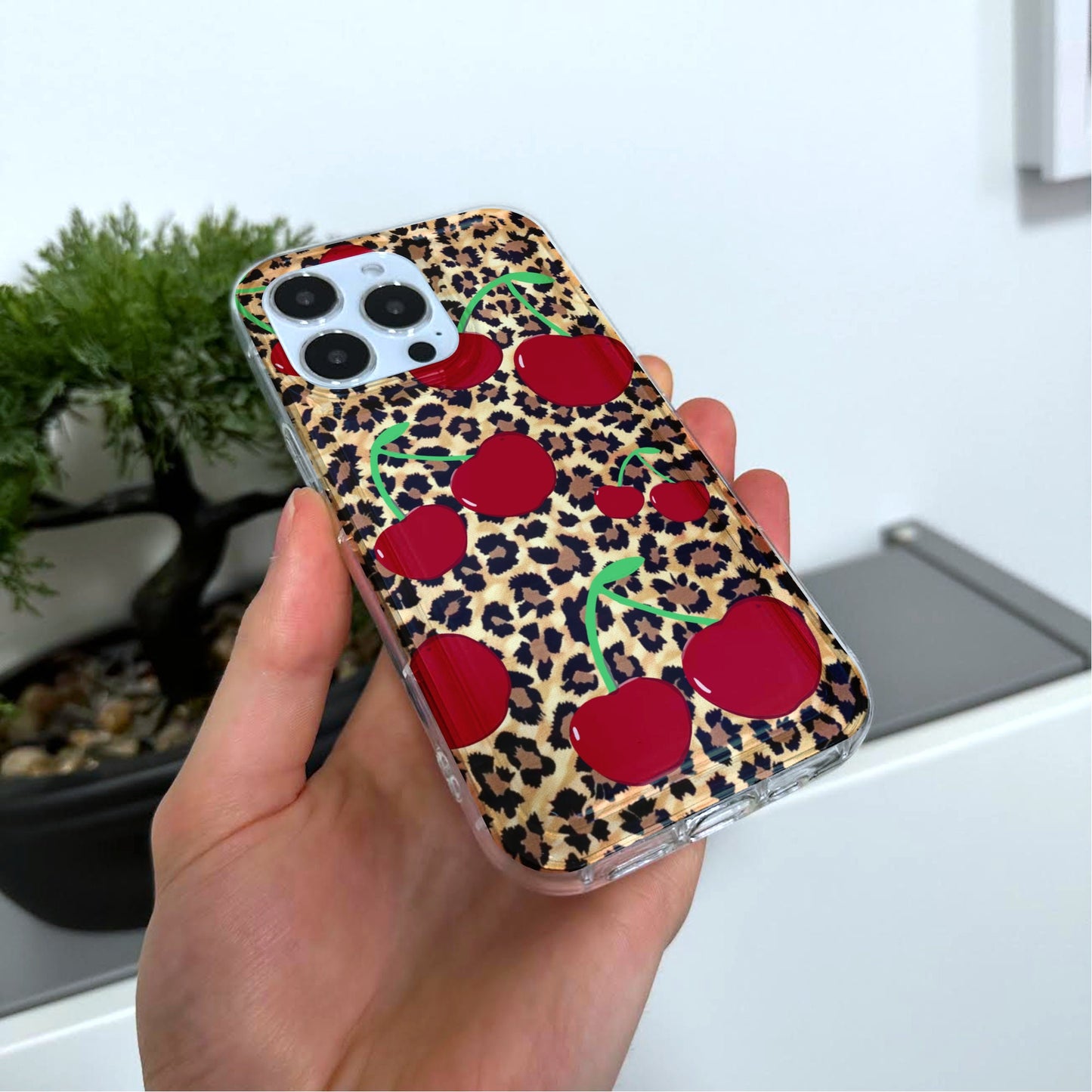 Leopard Cheetah Cherry Pattern Phone Case for iPhone 15 14 13 12 11 11 Pro Max Mini 7 8 XR XS X Shockproof Silicone Phone Cover Custom Name