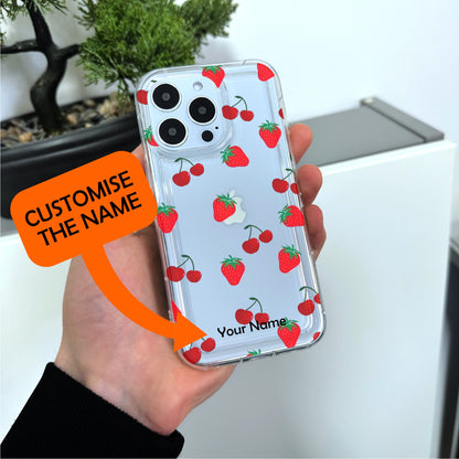 Strawberry Cherry Pattern Clear Phone Case for iPhone 15 14 13 12 11 11 Pro Max Mini 7 8 XR XS X Shockproof Silicone Phone Cover Custom Name