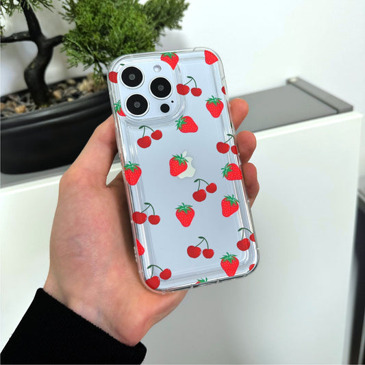 Strawberry Cherry Pattern Clear Phone Case for iPhone 15 14 13 12 11 11 Pro Max Mini 7 8 XR XS X Shockproof Silicone Phone Cover Custom Name