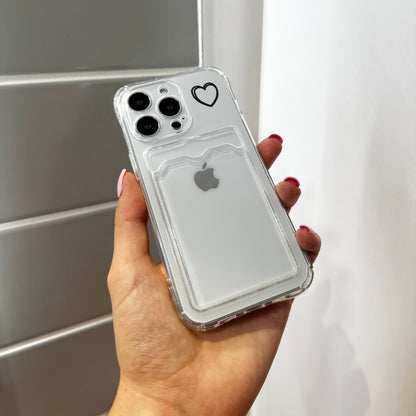 Black Heart Clear Card Holder Phone Case for iPhone 15 14 13 12 11 11 Pro Max Mini 7 8 XR XS X Shockproof Phone Cover with Customised Name