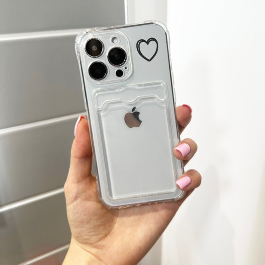 Black Heart Clear Card Holder Phone Case for iPhone 15 14 13 12 11 11 Pro Max Mini 7 8 XR XS X Shockproof Phone Cover with Customised Name