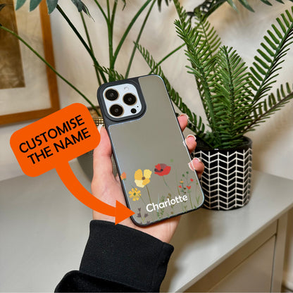 Floral Flower Mirror Phone Case for iPhone 15 14 13 12 11 11 Pro Max Mini 7 8 XR XS X Shockproof Phone Cover for Make Up with Custom Name