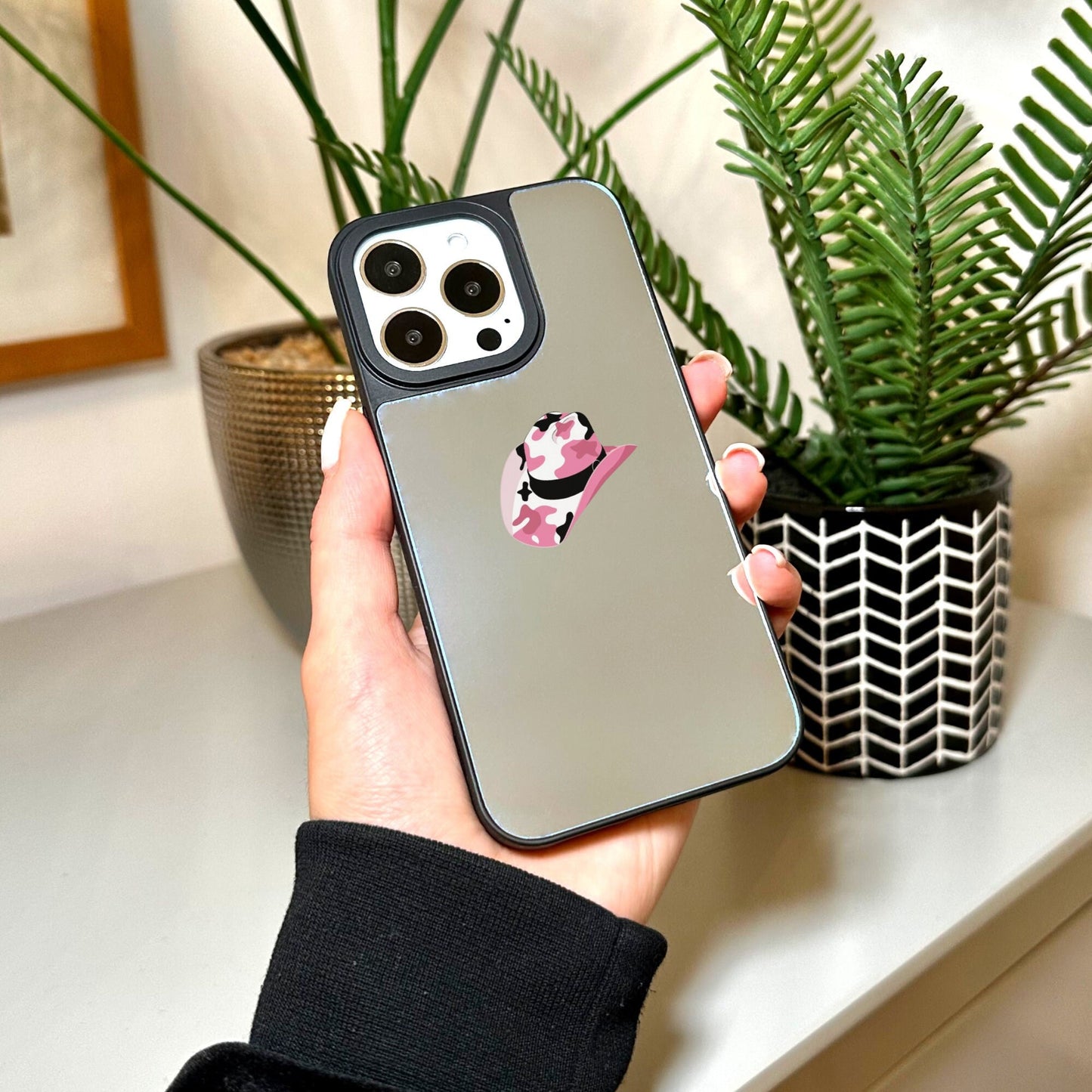 Cowgirl Hat Mirror Phone Case for iPhone 15 14 13 12 11 11 Pro Max Mini 7 8 XR XS X Shockproof Phone Cover for Make Up with Custom Name