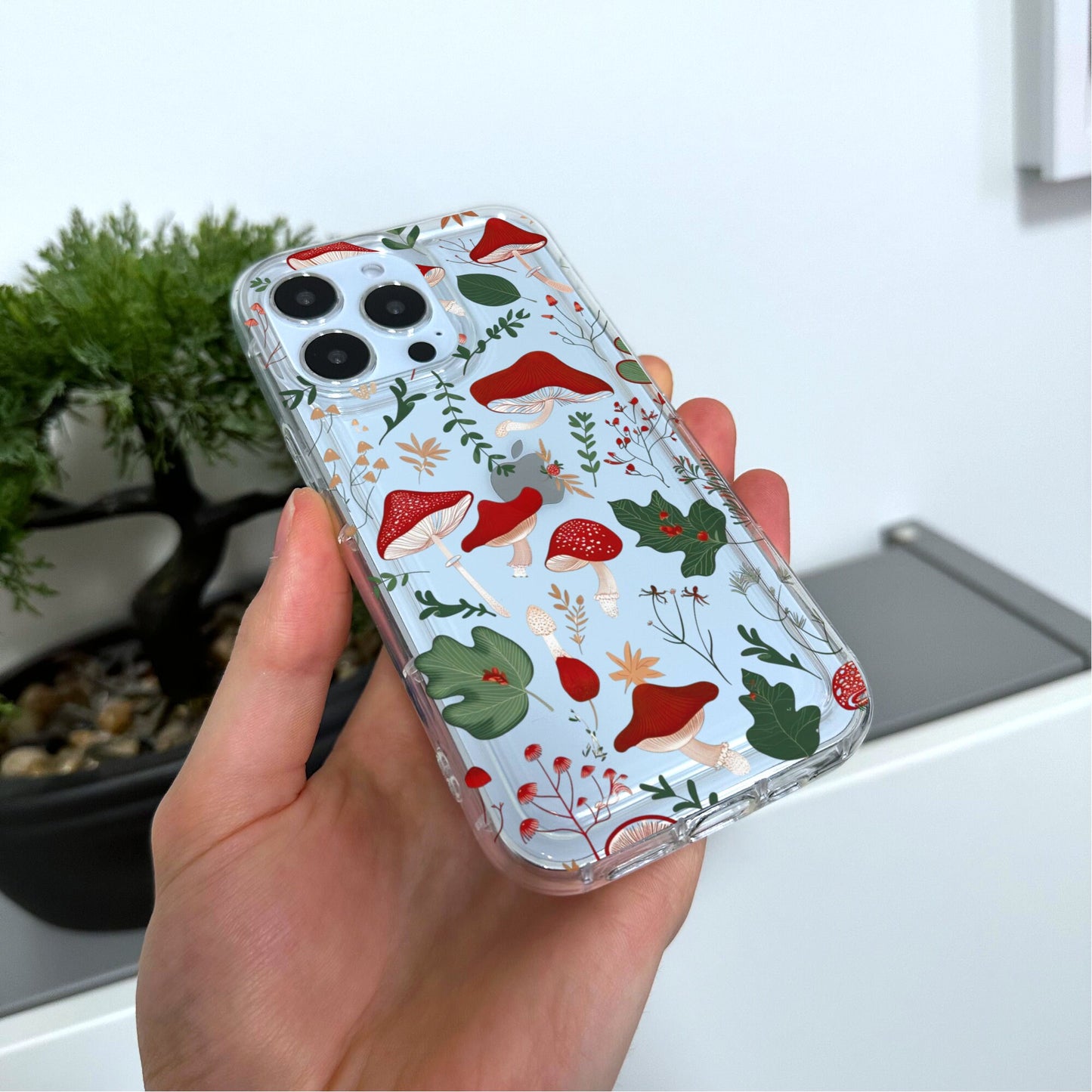 Red Mushroom Leaf Clear Phone Case for iPhone 15 14 13 12 11 11 Pro Max Mini 7 8 XR XS X Shockproof Silicone Phone Cover Custom Name