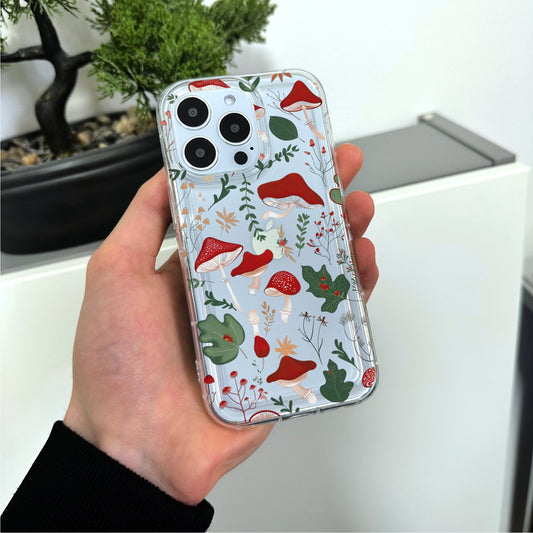 Red Mushroom Leaf Clear Phone Case for iPhone 15 14 13 12 11 11 Pro Max Mini 7 8 XR XS X Shockproof Silicone Phone Cover Custom Name