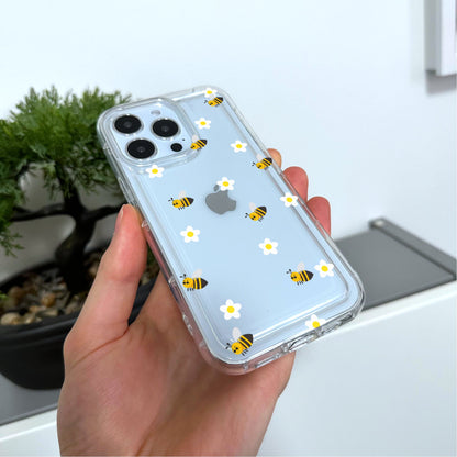 Bee Floral Print Clear Phone Case for iPhone 17 16 15 14 13 12 11 11 Pro Max Mini 7 8 XR XS X Shockproof Silicone Phone Cover Custom Name
