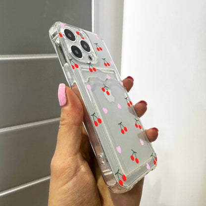 Fruit Pattern Cherry Card Holder Phone Case for iPhone 17 16 15 14 13 12 11 11 Pro Max Mini 7 X Wallet Shockproof Phone Cover Custom Name