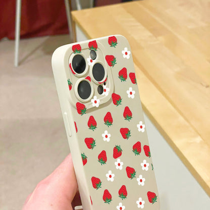 Strawberry Pattern Beige Phone Case for iPhone 16 15 14 13 12 11 11 Pro Max Mini 7 8 XR XS X Shockproof Phone Cover with Personalised Name