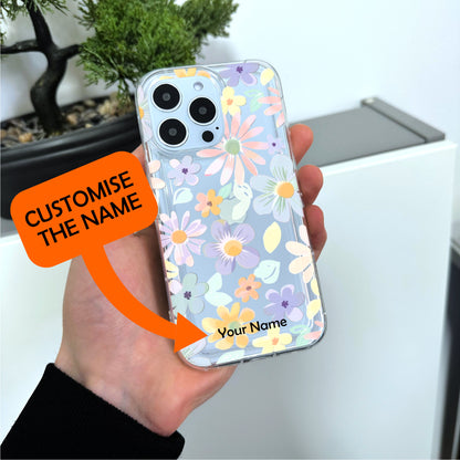 Pastel Flower Pattern Clear Phone Case for iPhone 17 16 15 14 13 12 11 11 Pro Max Mini 7 8 XR Shockproof Silicone Phone Cover Custom Name