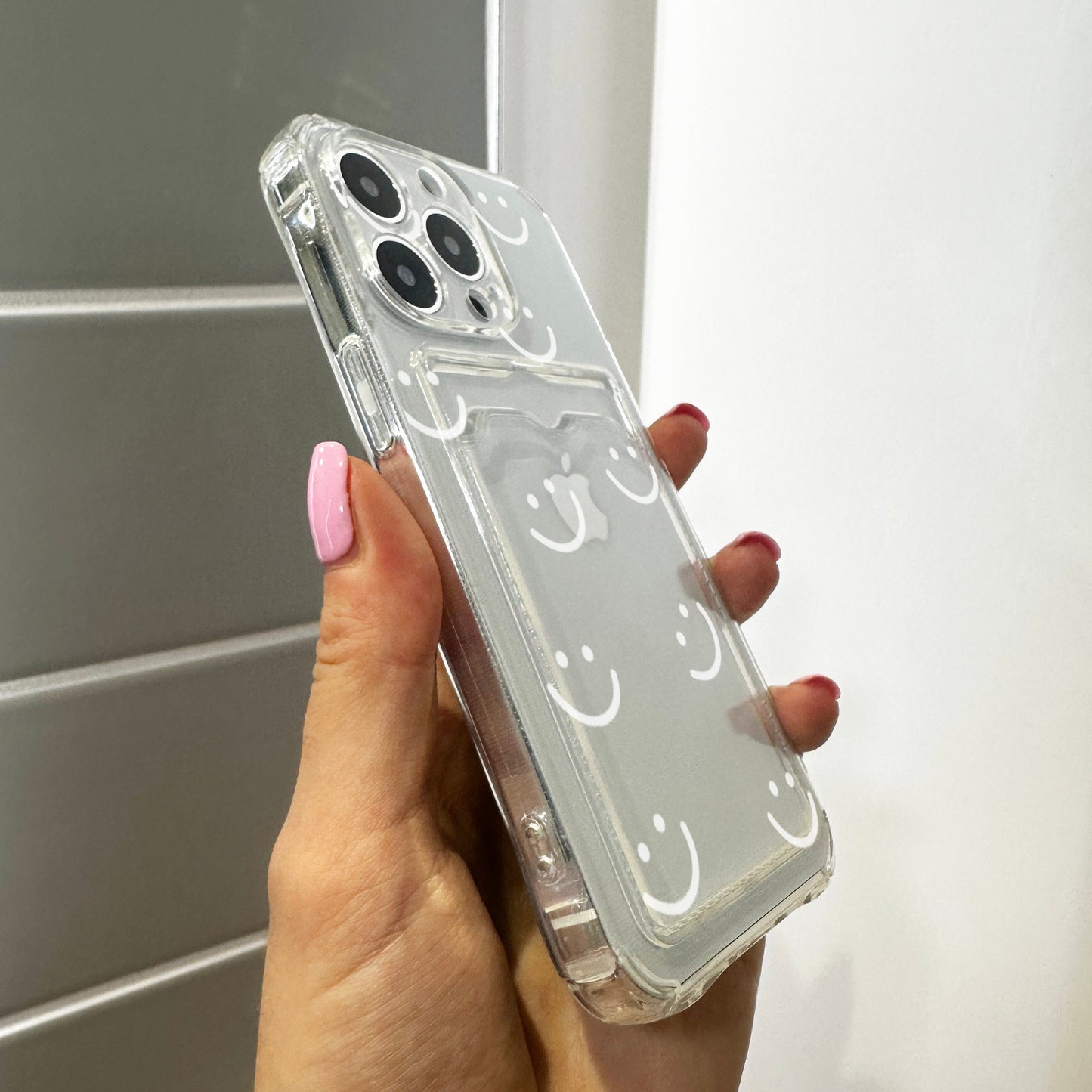 Smile Face Pattern Card Holder Phone Case for iPhone 17 16 15 14 13 12 11 11 Pro Max Mini 7 8 XR Wallet Shockproof Phone Cover Custom Name