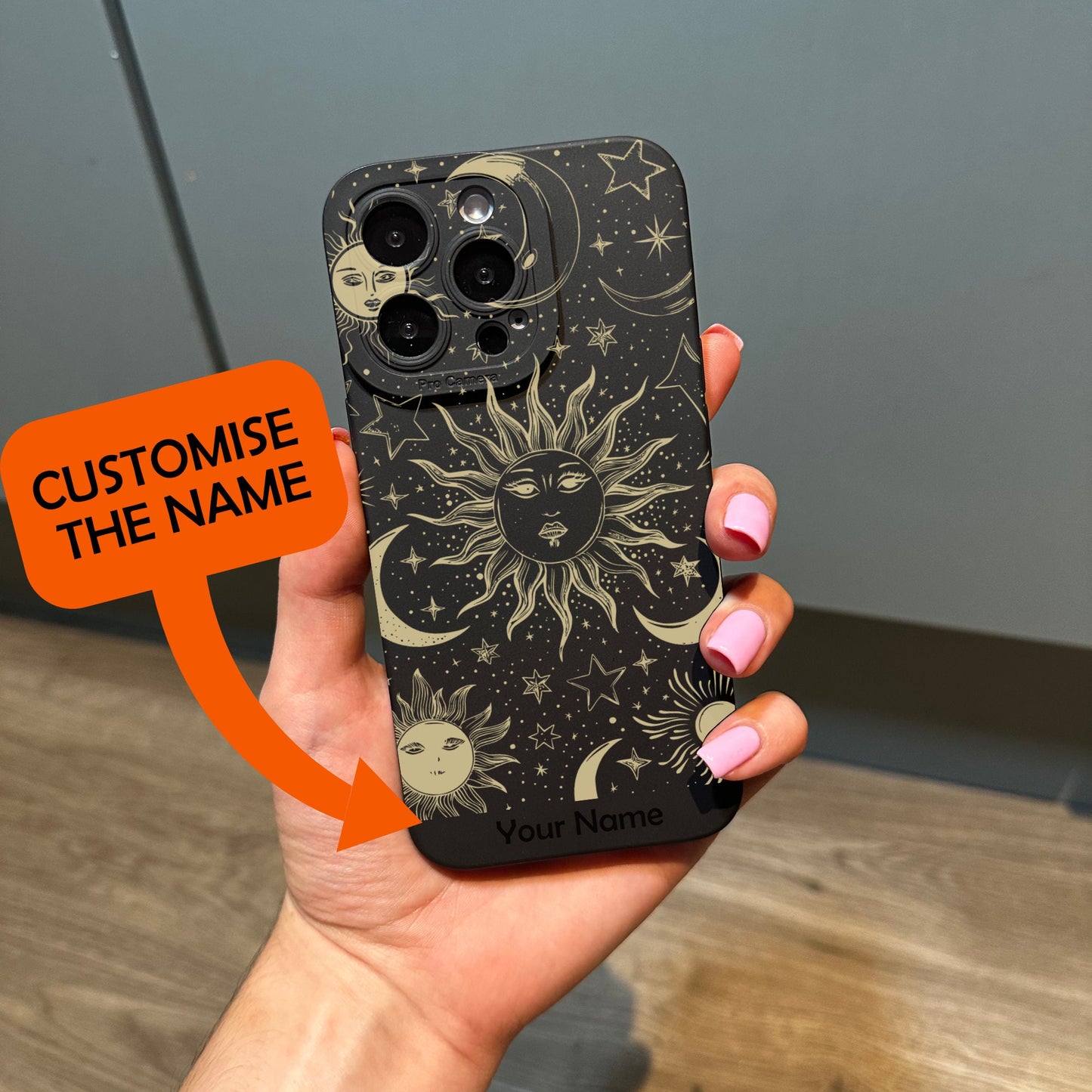 Gold Celestial Moon Sun Star Phone Case for iPhone 15 14 13 12 11 11 Pro Max Mini 7 8 XR XS X Shockproof Phone Cover with Customised Name