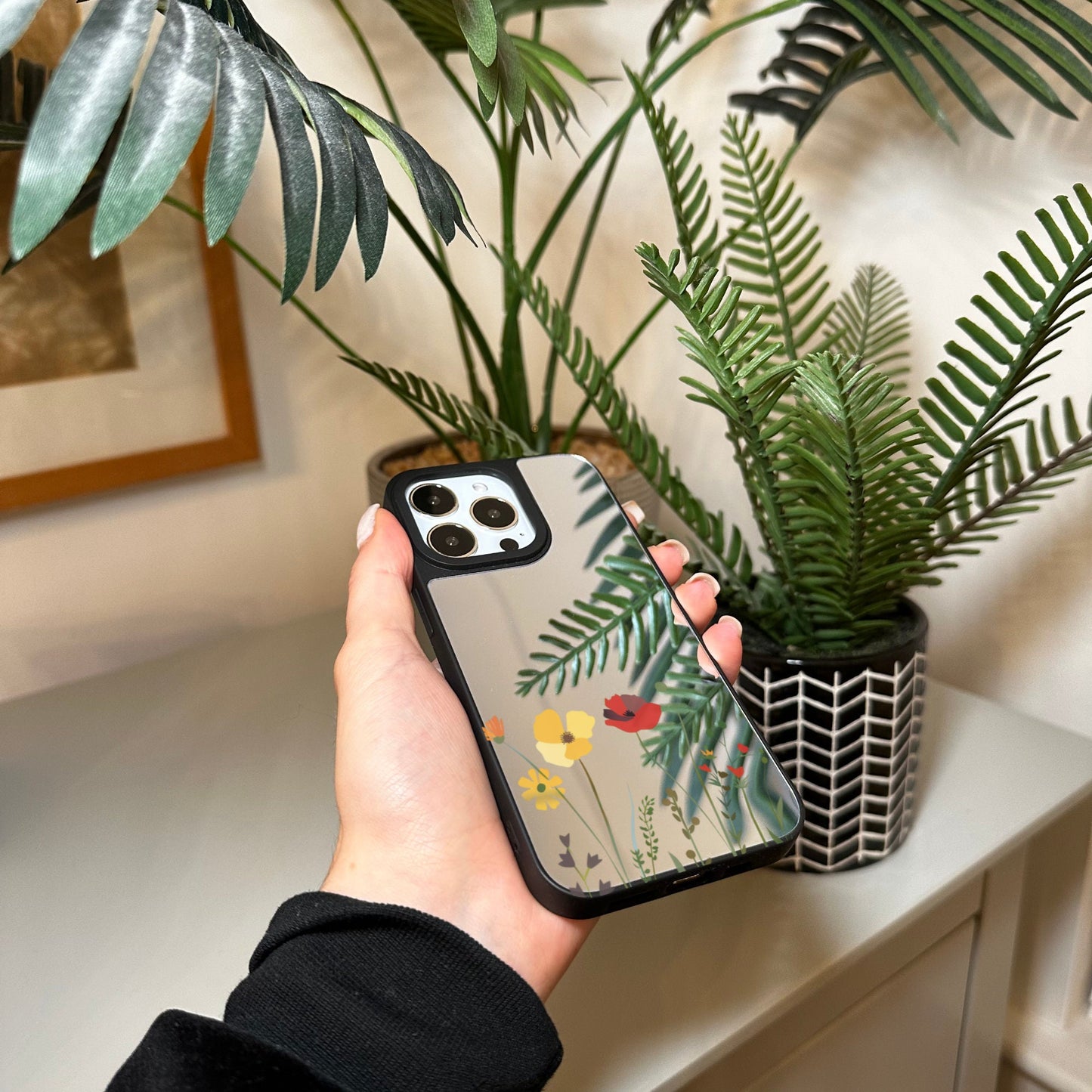 Floral Flower Mirror Phone Case for iPhone 15 14 13 12 11 11 Pro Max Mini 7 8 XR XS X Shockproof Phone Cover for Make Up with Custom Name