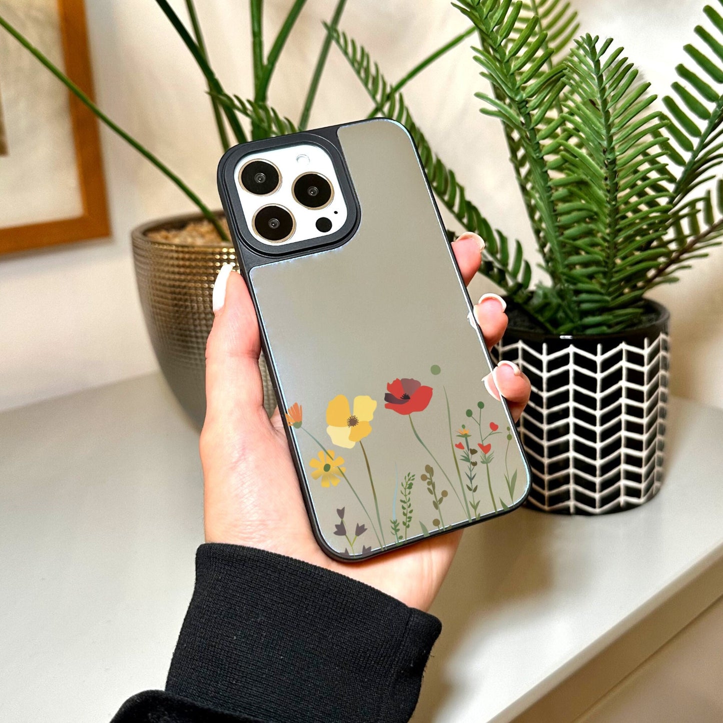 Floral Flower Mirror Phone Case for iPhone 15 14 13 12 11 11 Pro Max Mini 7 8 XR XS X Shockproof Phone Cover for Make Up with Custom Name