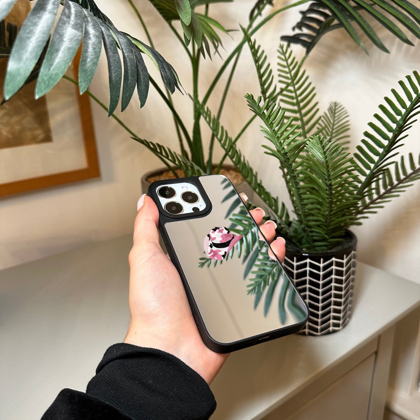 Cowgirl Hat Mirror Phone Case for iPhone 15 14 13 12 11 11 Pro Max Mini 7 8 XR XS X Shockproof Phone Cover for Make Up with Custom Name