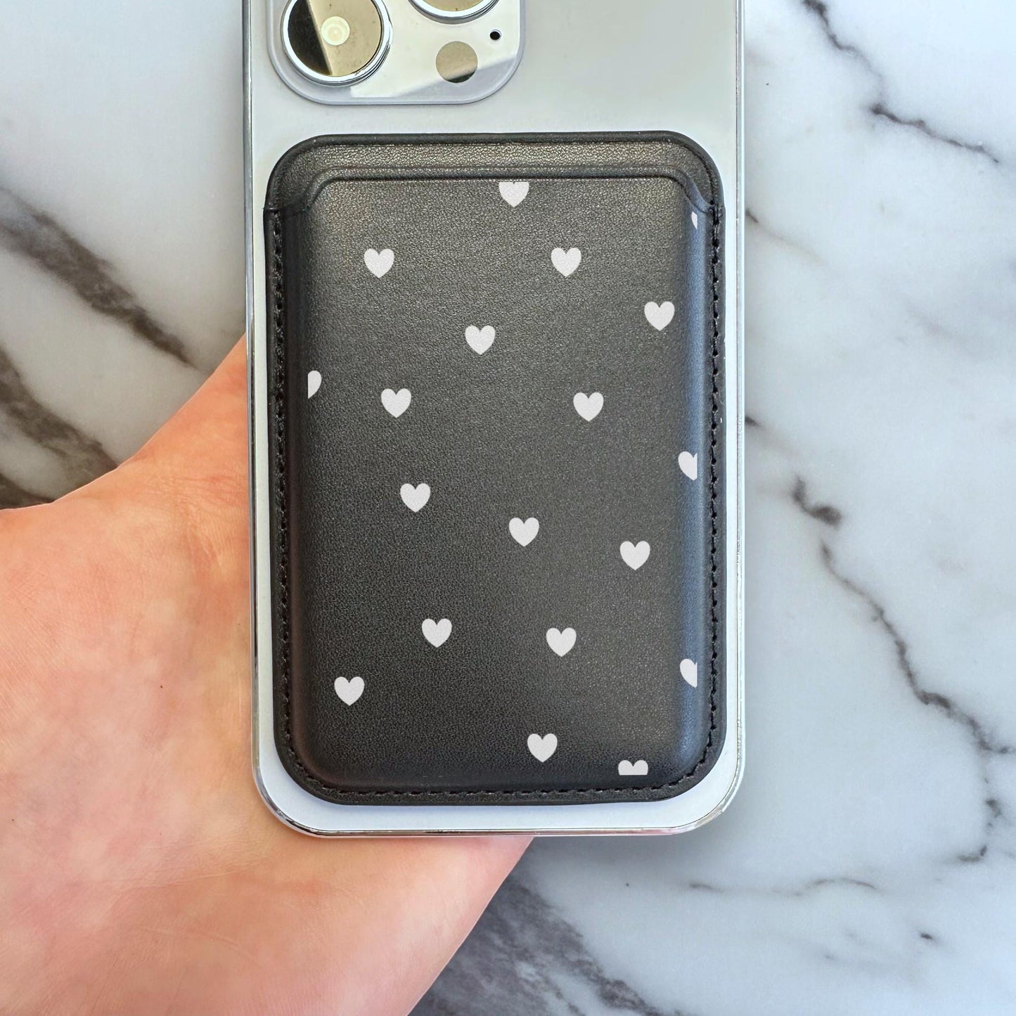 White Heart Print Black MagSafe Wallet Vegan Leather MagSafe Wallet for iPhone 15 14 13 12 Magnetic iPhone Card Holder with Custom Name