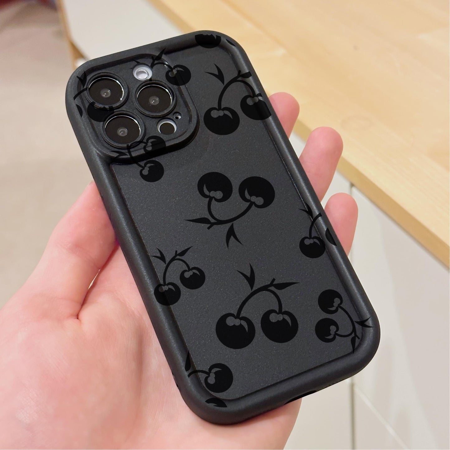 Cherry Pattern Black Thick Phone Case for iPhone 15 14 13 12 11 11 Pro Max Mini 7 8 XR XS X Shockproof Phone Cover with Customised Name
