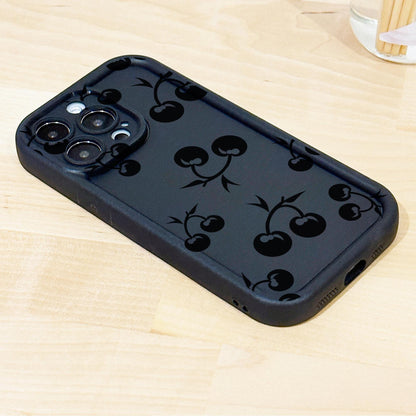 Cherry Pattern Black Thick Phone Case for iPhone 15 14 13 12 11 11 Pro Max Mini 7 8 XR XS X Shockproof Phone Cover with Customised Name