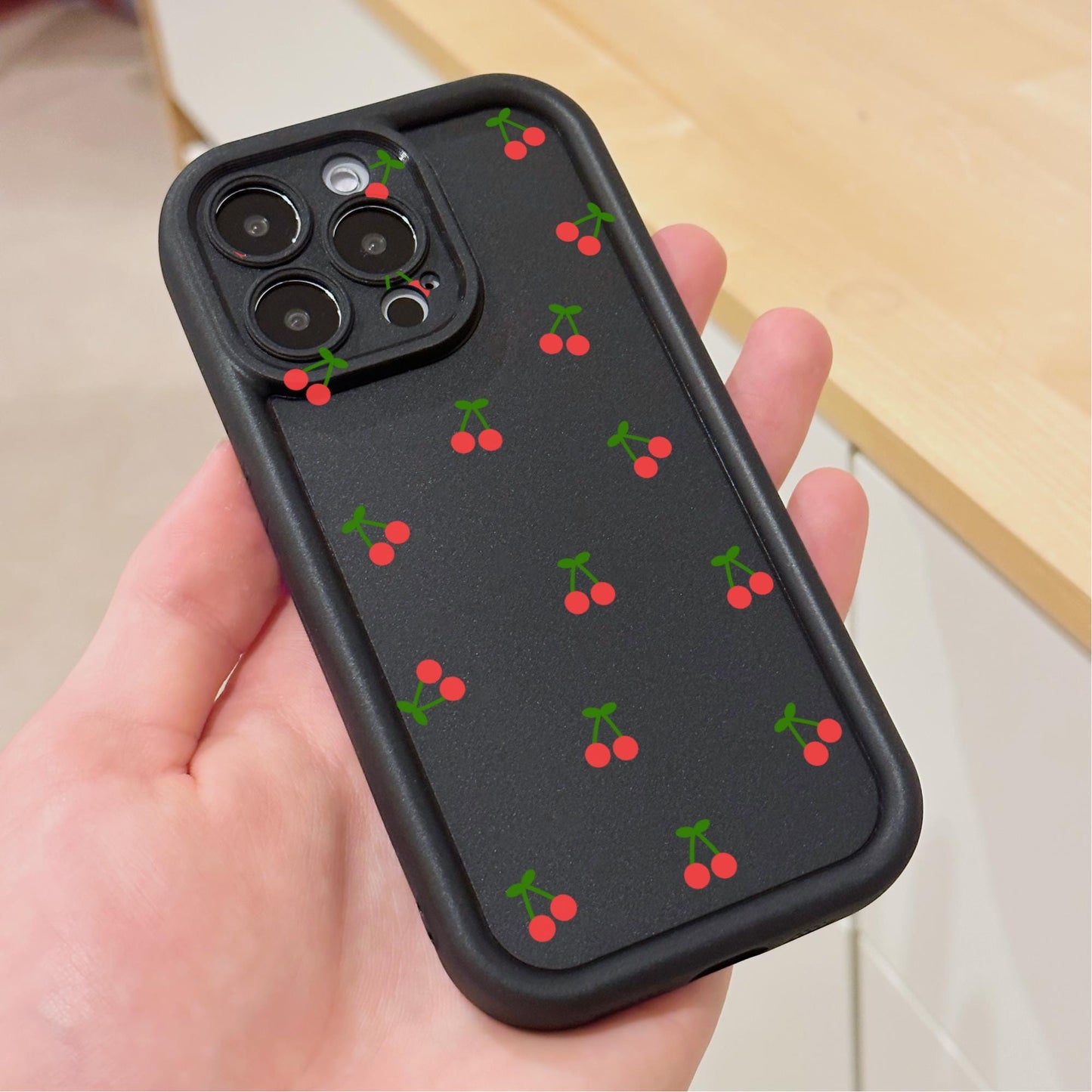 Cherry Pattern Black Thick Phone Case for iPhone 15 14 13 12 11 11 Pro Max Mini 7 8 XR XS X Shockproof Phone Cover with Customised Name