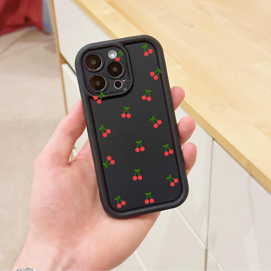 Cherry Pattern Black Thick Phone Case for iPhone 15 14 13 12 11 11 Pro Max Mini 7 8 XR XS X Shockproof Phone Cover with Customised Name
