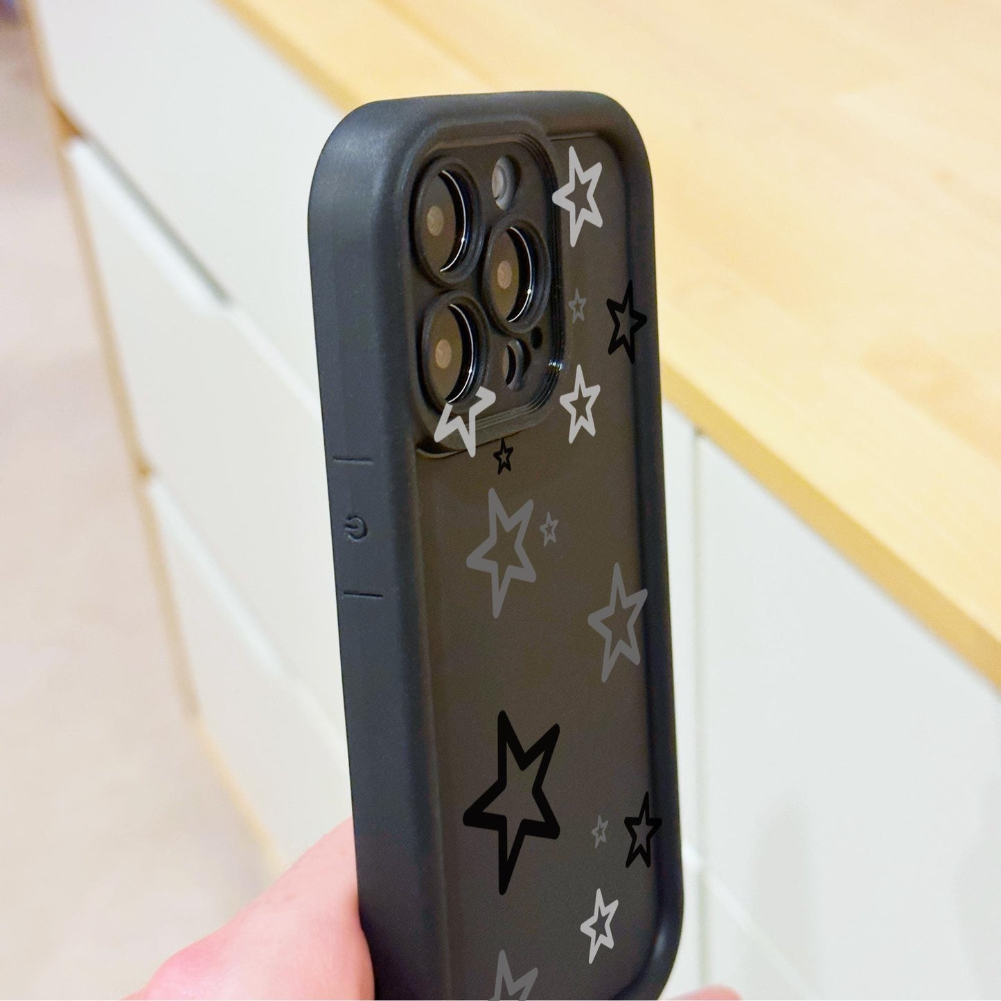 Grey Star Pattern Black Thick Phone Case for iPhone 15 14 13 12 11 11 Pro Max Mini 7 8 XR XS X Shockproof Phone Cover with Customised Name