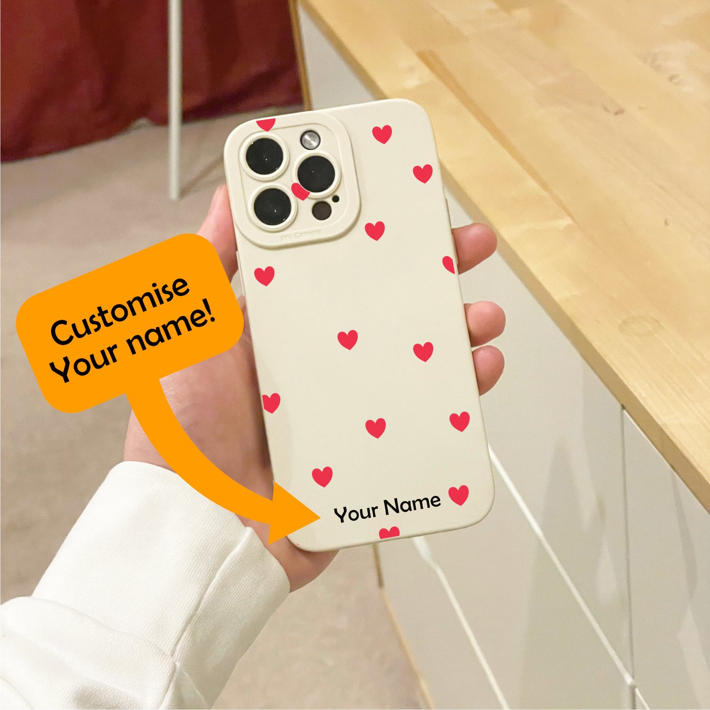 Red Heart  Print Beige Phone Case for iPhone 17 16 15 14 13 12 11 11 Pro Max Mini 7 8 XR XS X Shockproof Phone Cover with Customised Name