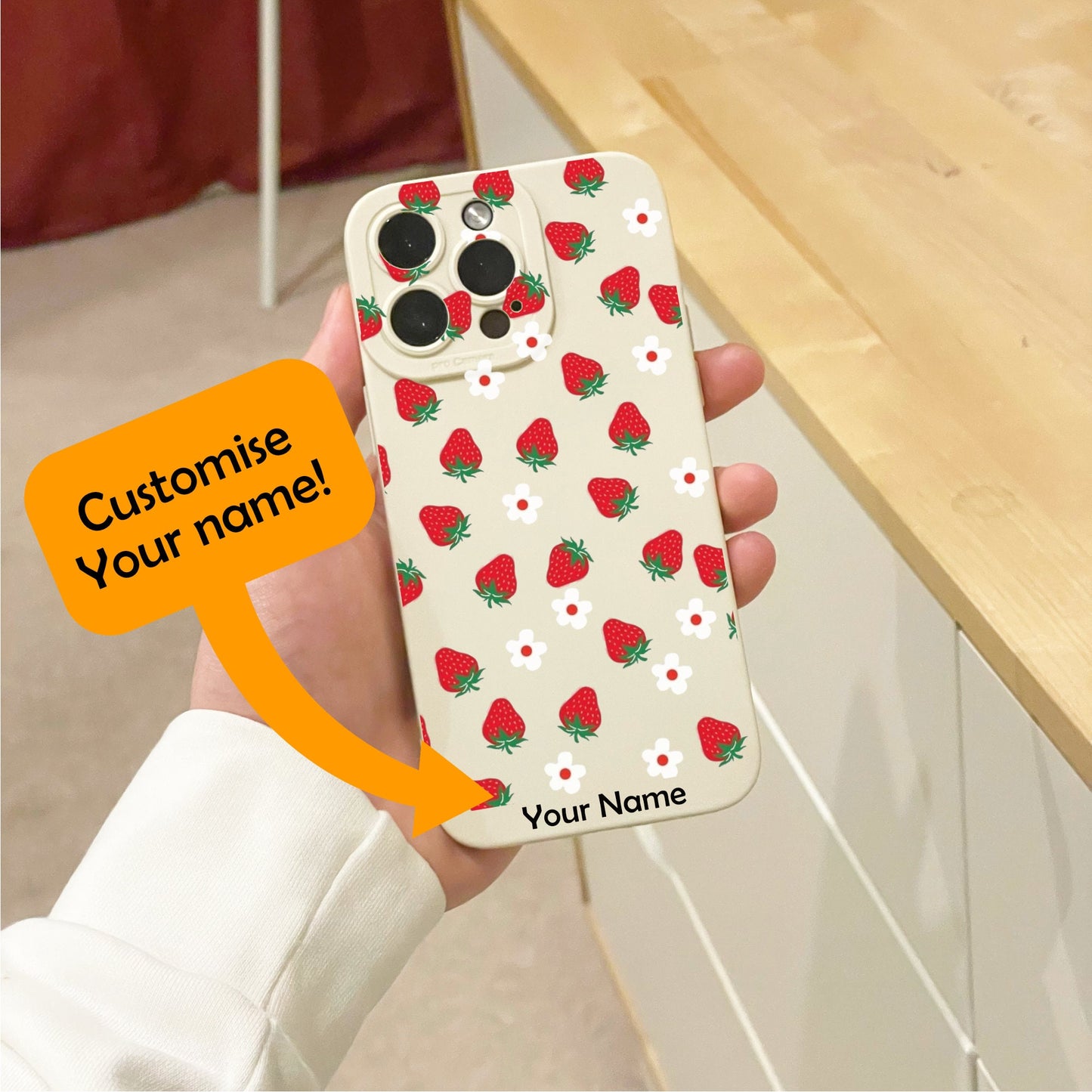 Strawberry Pattern Beige Phone Case for iPhone 16 15 14 13 12 11 11 Pro Max Mini 7 8 XR XS X Shockproof Phone Cover with Personalised Name