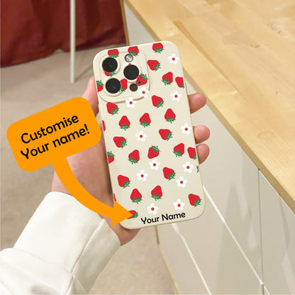 Strawberry Pattern Beige Phone Case for iPhone 16 15 14 13 12 11 11 Pro Max Mini 7 8 XR XS X Shockproof Phone Cover with Personalised Name