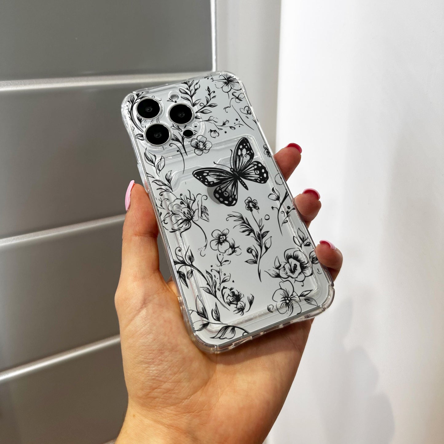 Floral Butterfly Cute Card Holder Phone Case for iPhone 17 16 15 14 13 12 11 11 Pro Max Mini Wallet Shockproof Phone Cover with Custom Name