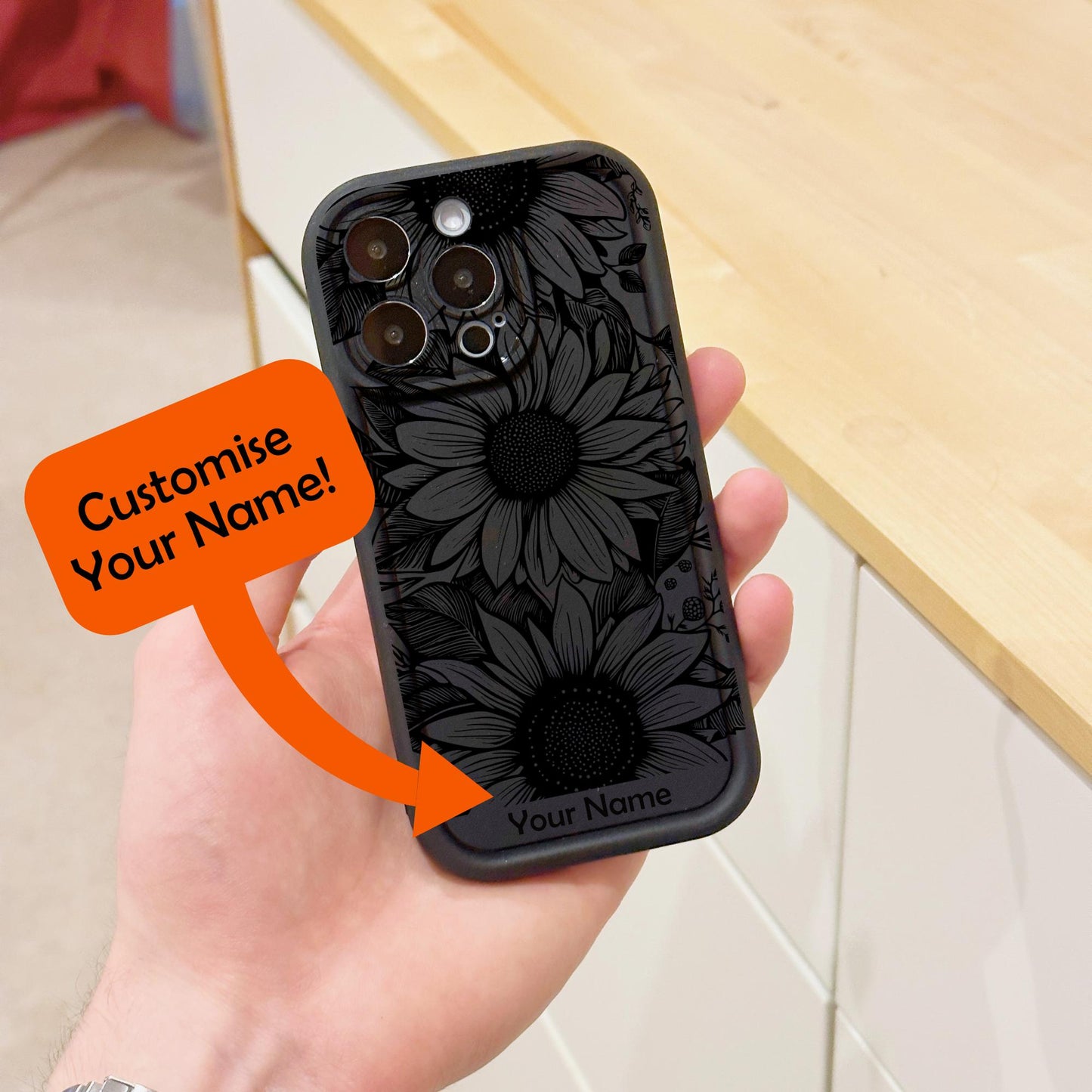 Black Sunflower Floral Thick Phone Case for iPhone 15 14 13 12 11 11 Pro Max Mini 7 8 XR XS X Shockproof Phone Cover with Customised Name
