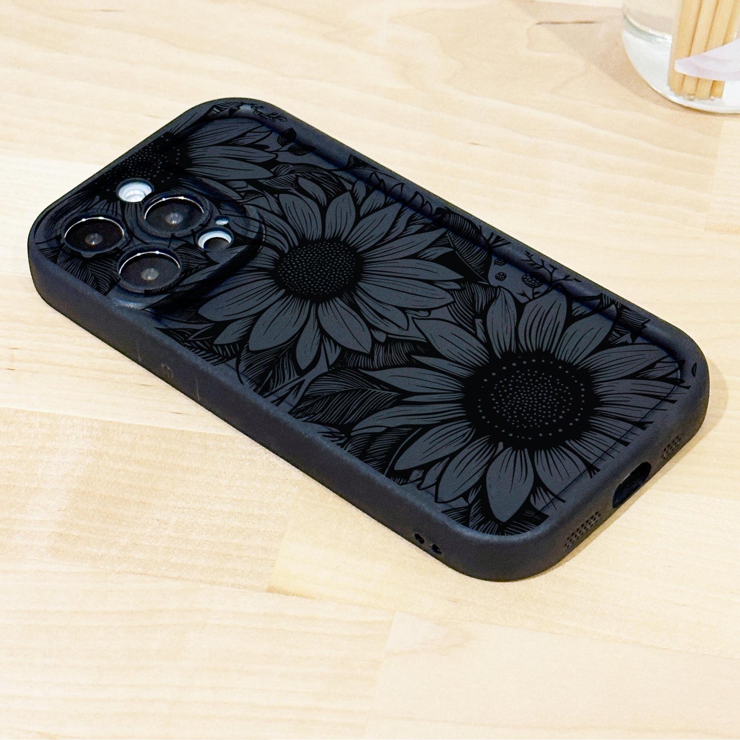 Black Sunflower Floral Thick Phone Case for iPhone 15 14 13 12 11 11 Pro Max Mini 7 8 XR XS X Shockproof Phone Cover with Customised Name