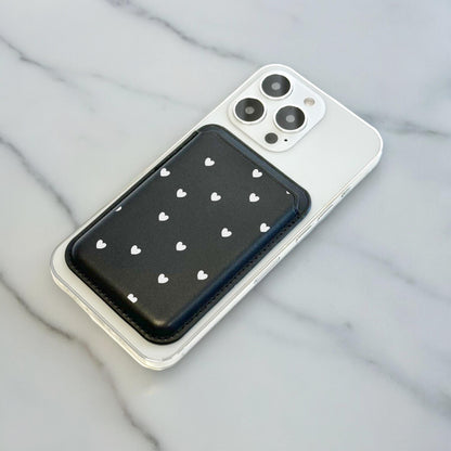 White Heart Print Black MagSafe Wallet Vegan Leather MagSafe Wallet for iPhone 15 14 13 12 Magnetic iPhone Card Holder with Custom Name