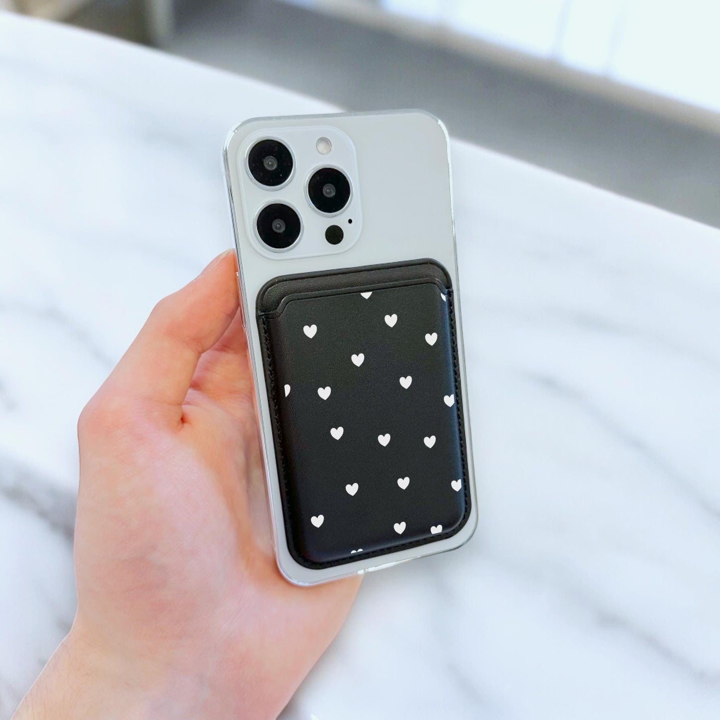 White Heart Print Black MagSafe Wallet Vegan Leather MagSafe Wallet for iPhone 15 14 13 12 Magnetic iPhone Card Holder with Custom Name