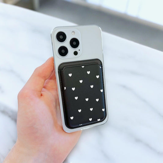 White Heart Print Black MagSafe Wallet Vegan Leather MagSafe Wallet for iPhone 15 14 13 12 Magnetic iPhone Card Holder with Custom Name