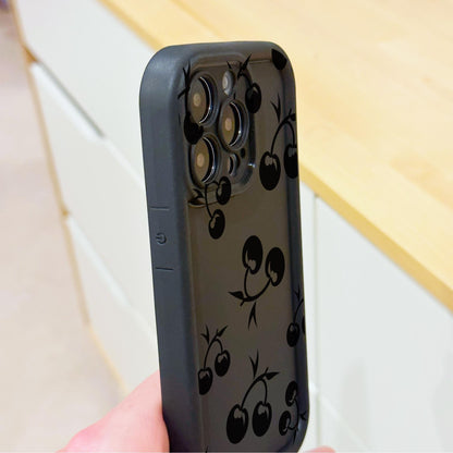 Cherry Pattern Black Thick Phone Case for iPhone 15 14 13 12 11 11 Pro Max Mini 7 8 XR XS X Shockproof Phone Cover with Customised Name