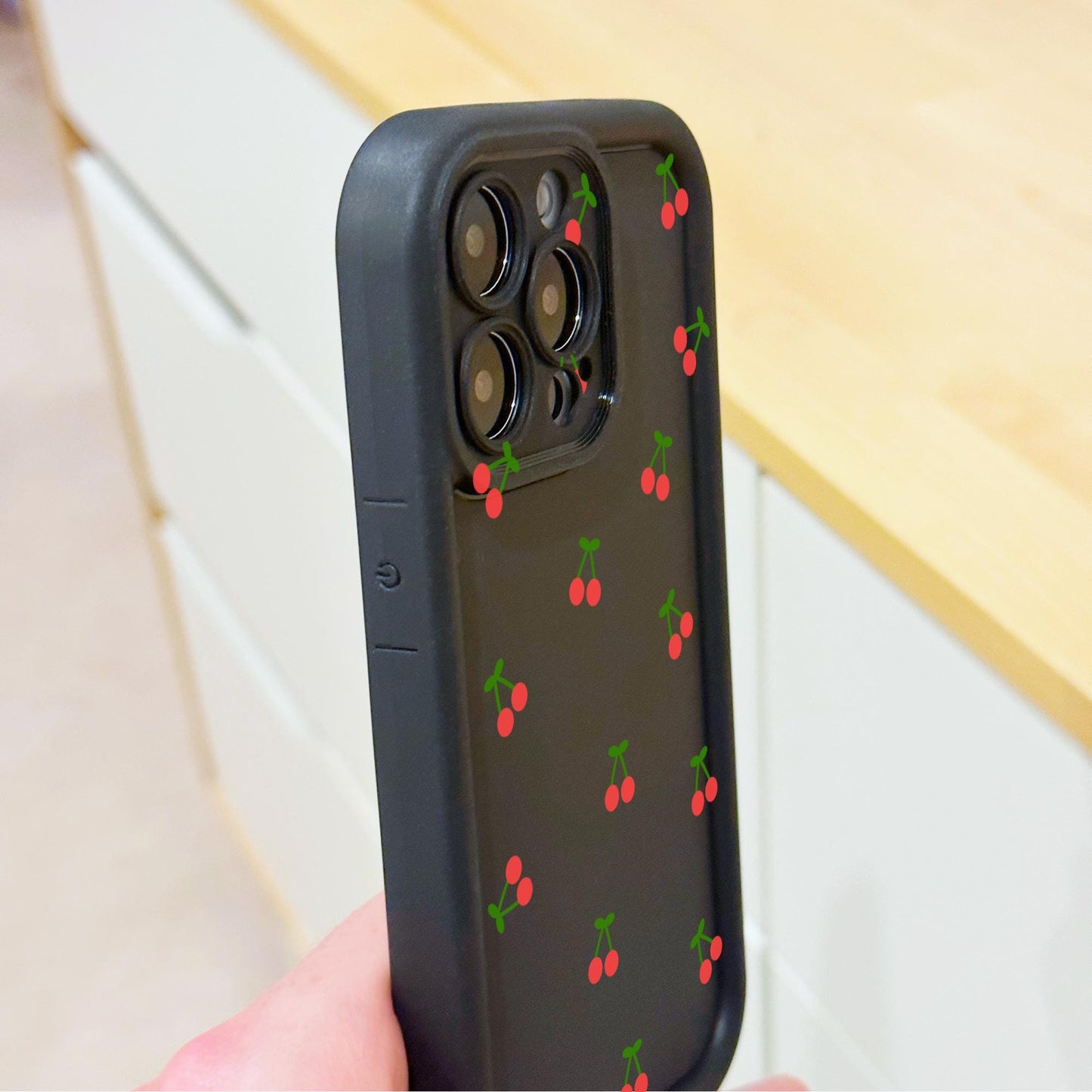 Cherry Pattern Black Thick Phone Case for iPhone 15 14 13 12 11 11 Pro Max Mini 7 8 XR XS X Shockproof Phone Cover with Customised Name