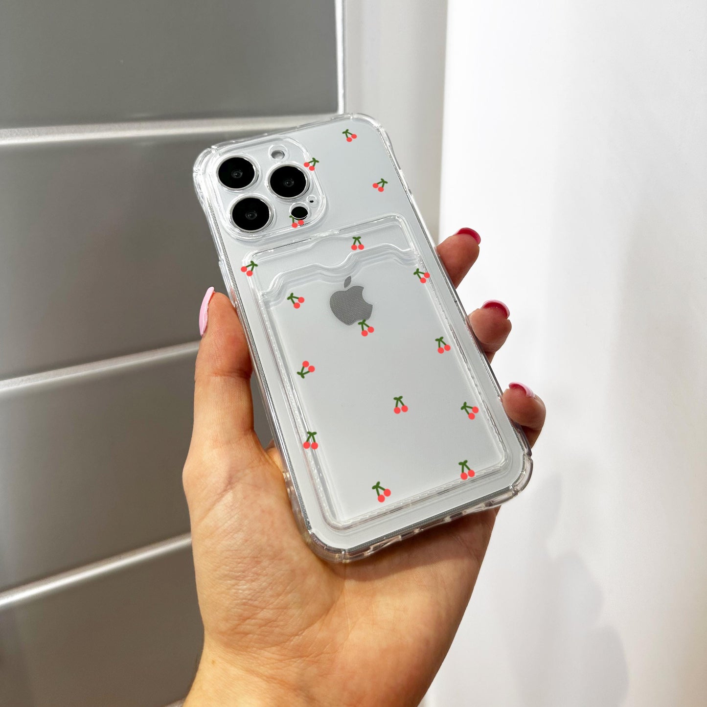 Cherry Pattern Cherry Card Holder Phone Case for iPhone 17 16 15 14 13 12 11 11 Pro Max Mini 7 8 Wallet Shockproof Phone Cover Custom Name