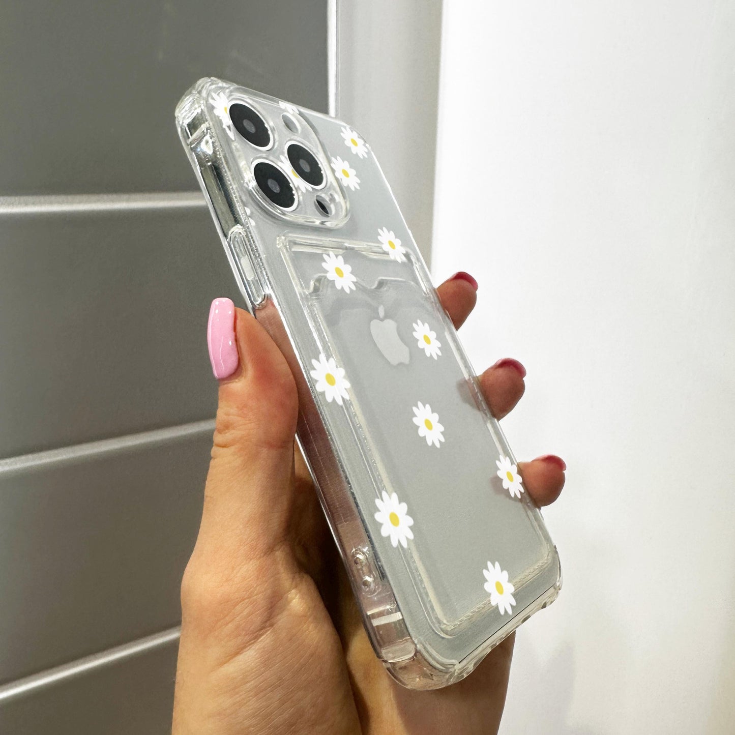 Floral Daisy Pattern Card Holder Phone Case for iPhone 17 16 15 14 13 12 11 11 Pro Max Mini 7 8 Wallet Shockproof Phone Cover Custom Name