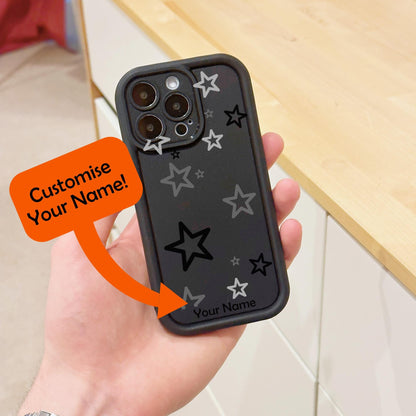 Grey Star Pattern Black Thick Phone Case for iPhone 15 14 13 12 11 11 Pro Max Mini 7 8 XR XS X Shockproof Phone Cover with Customised Name