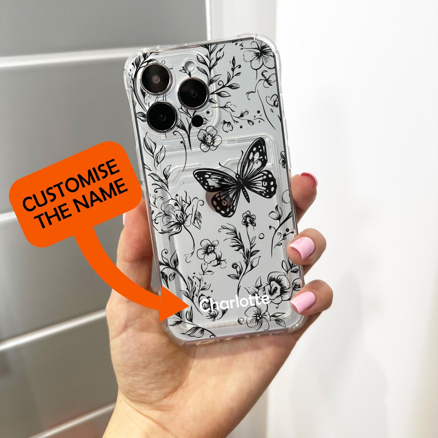 Floral Butterfly Cute Card Holder Phone Case for iPhone 17 16 15 14 13 12 11 11 Pro Max Mini Wallet Shockproof Phone Cover with Custom Name