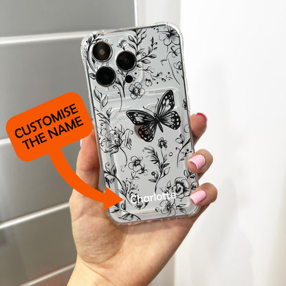 Floral Butterfly Cute Card Holder Phone Case for iPhone 17 16 15 14 13 12 11 11 Pro Max Mini Wallet Shockproof Phone Cover with Custom Name