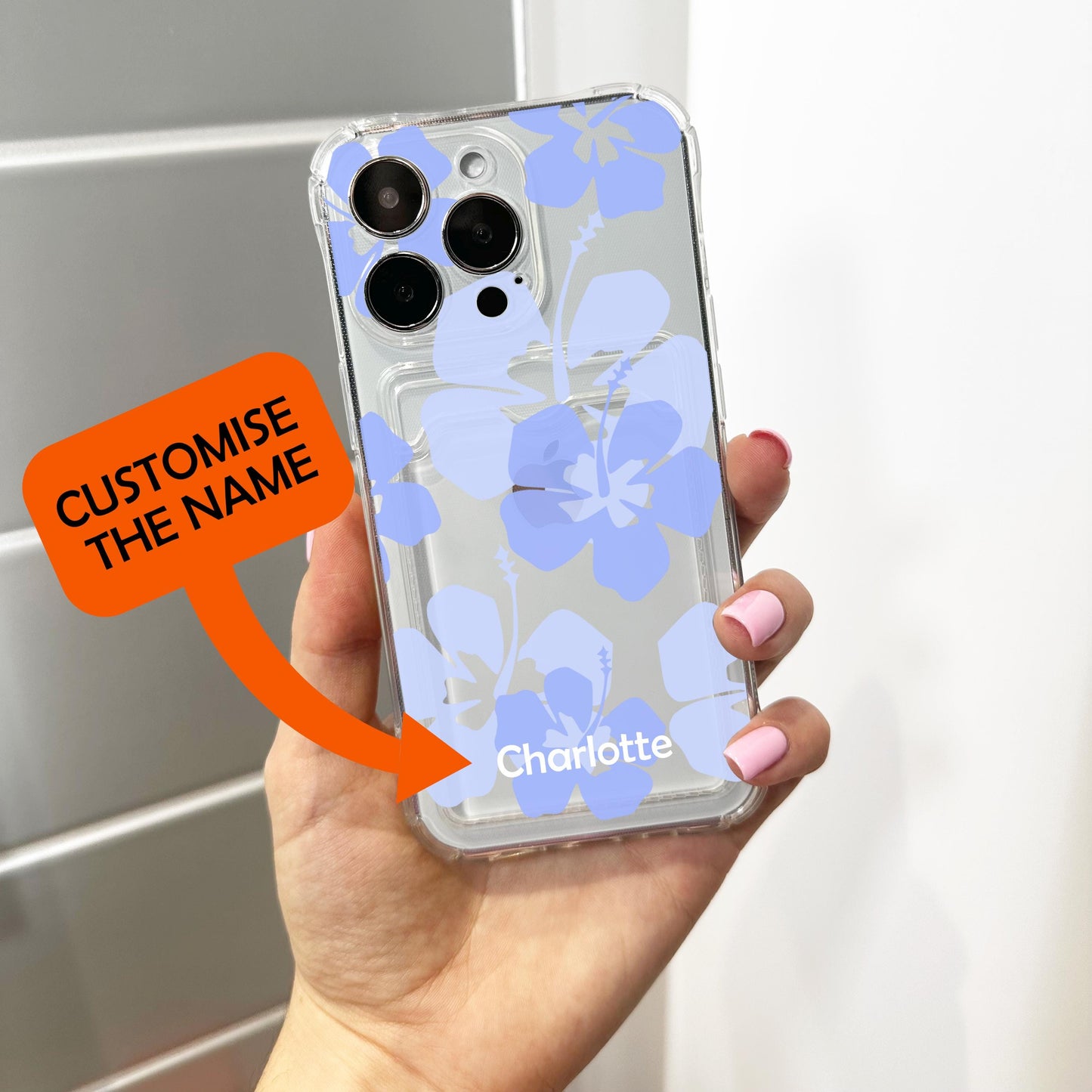 Blue Hawaiian Aloha Flowers Card Holder Phone Case for iPhone 17 16 15 14 13 12 11 11 Pro Max Mini Wallet Shockproof Phone Cover Custom Name