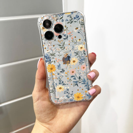 Floral Cute Card Holder Phone Case for iPhone 17 16 15 14 13 12 11 11 Pro Max Mini 7 8 XR XS X Wallet Shockproof Phone Cover Customised Name