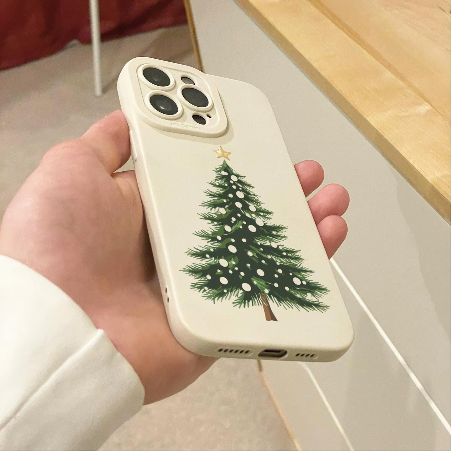 Christmas Tree Festive Beige Phone Case for iPhone 16 15 14 13 12 11 11 Pro Max Mini 7 8 SE XR XS X Shockproof Phone Cover With Custom Name