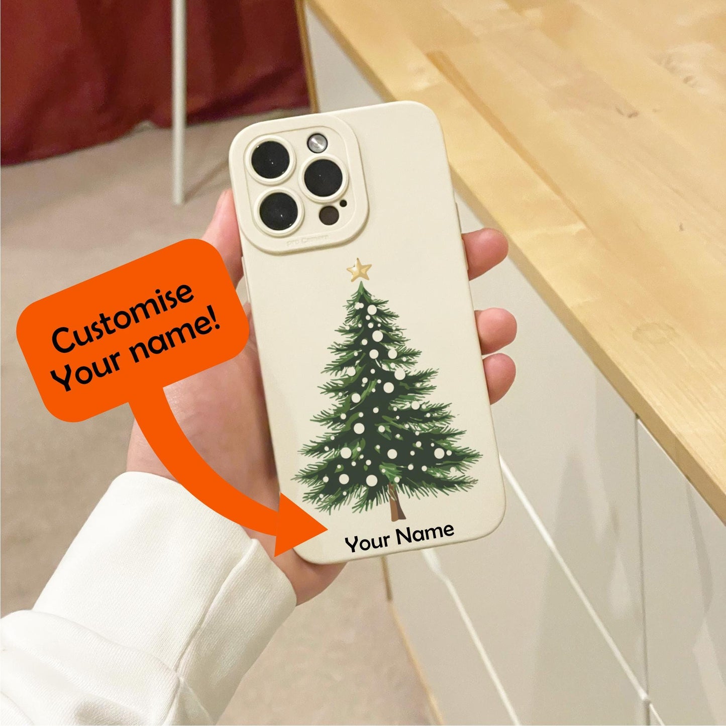Christmas Tree Festive Beige Phone Case for iPhone 16 15 14 13 12 11 11 Pro Max Mini 7 8 SE XR XS X Shockproof Phone Cover With Custom Name