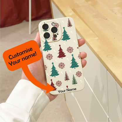 Christmas Tree Snow Beige Phone Case for iPhone 16 15 14 13 12 11 11 Pro Max Mini 7 8 SE XR X Shockproof Phone Cover with Personalised Name